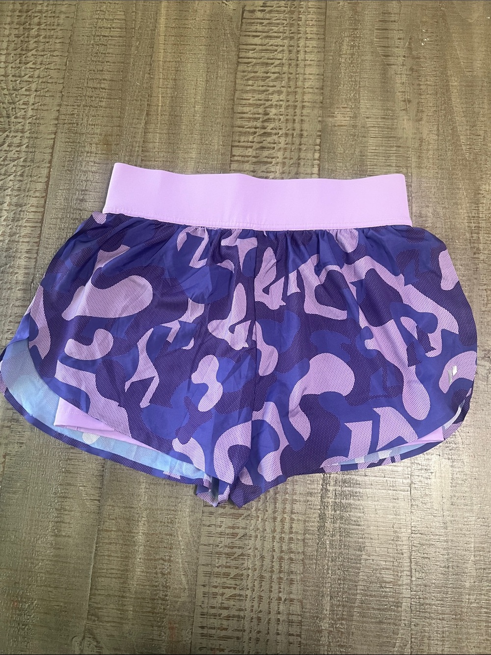 Women's Purple Camo Athletic Shorts with Pink Waistband